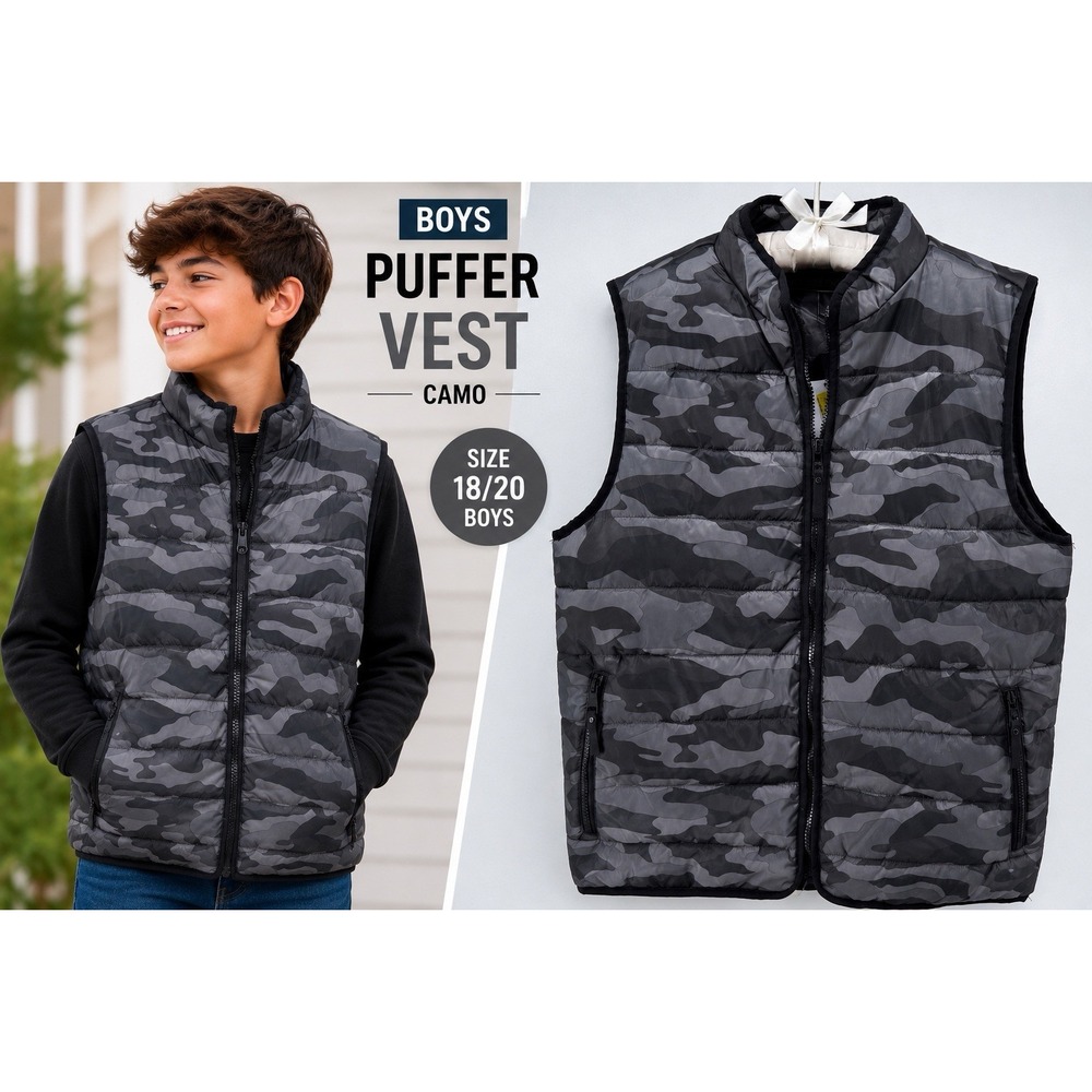 Urban Republic Boys XL 18/20 Gray Black Camo Puffer Vest Gorpcore Zip NWT